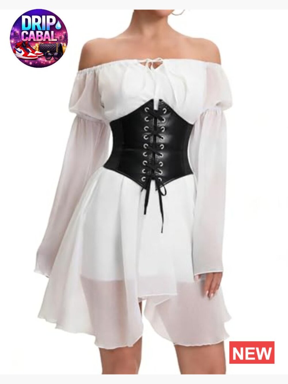 Off Shoulder Bell Sleeve Lace Up Corset Mini Dress Flowy Fairy - Picture 2 of 6